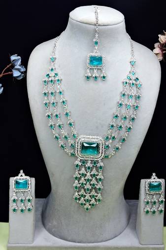 Green rhodium premium designer american diamond and stone work necklace set