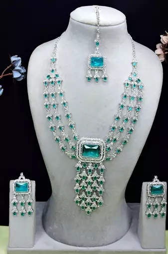 Green rhodium premium designer american diamond and stone work necklace set