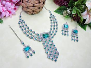 Green rhodium premium designer american diamond and stone work necklace set 2
