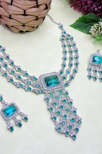 Green rhodium premium designer american diamond and stone work necklace set