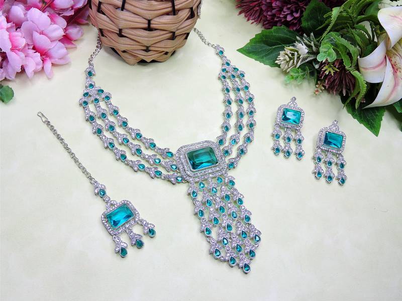 Green rhodium premium designer american diamond and stone work necklace set