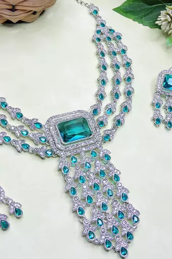 Green rhodium premium designer american diamond and stone work necklace set