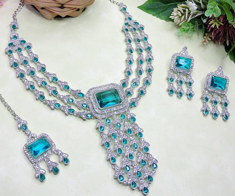 Green rhodium premium designer american diamond and stone work necklace set