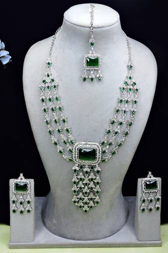 Green rhodium premium designer american diamond and stone work necklace set