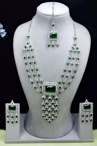 Green rhodium premium designer american diamond and stone work necklace set