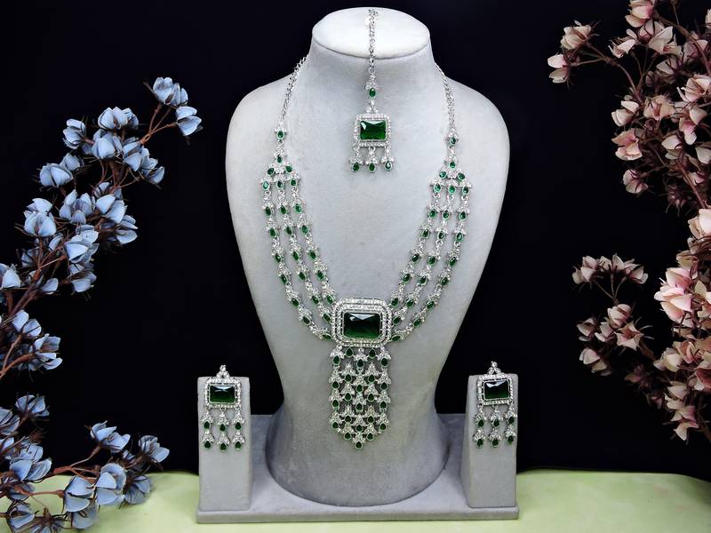 Green rhodium premium designer american diamond and stone work necklace set