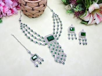 Green rhodium premium designer american diamond and stone work necklace set 2