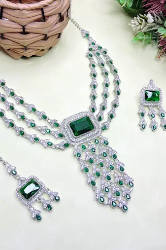 Green rhodium premium designer american diamond and stone work necklace set