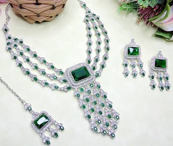 Green rhodium premium designer american diamond and stone work necklace set 3