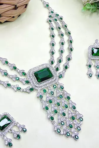 Green rhodium premium designer american diamond and stone work necklace set