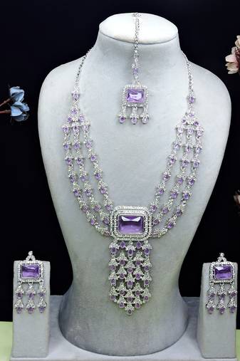 Purple rhodium premium designer american diamond and stone work necklace set