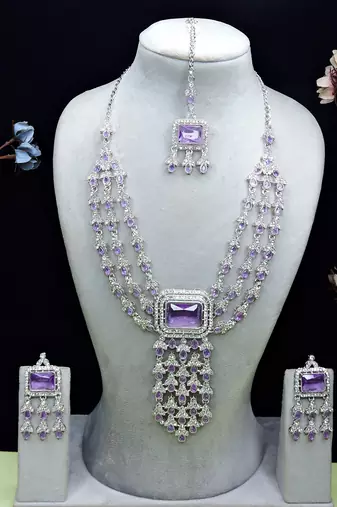 Purple rhodium premium designer american diamond and stone work necklace set
