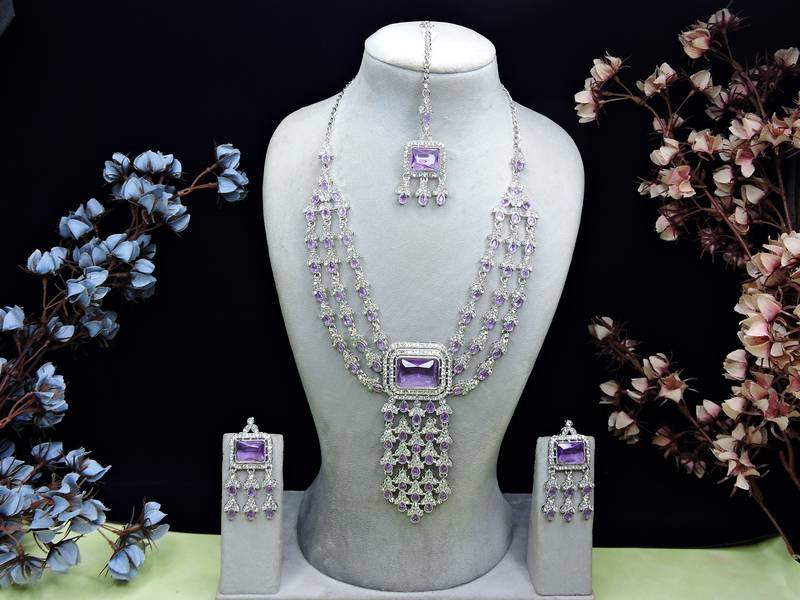 Purple rhodium premium designer american diamond and stone work necklace set