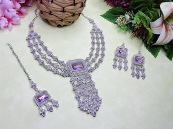 Purple rhodium premium designer american diamond and stone work necklace set 2