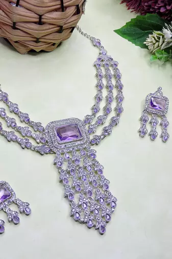 Purple rhodium premium designer american diamond and stone work necklace set