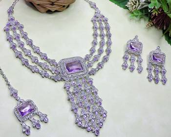 Purple rhodium premium designer american diamond and stone work necklace set 3