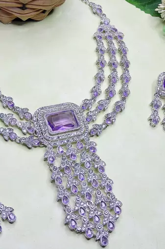 Purple rhodium premium designer american diamond and stone work necklace set