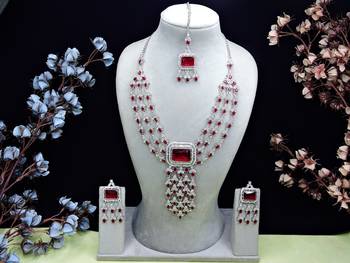 Maroon rhodium premium designer american diamond and stone work necklace set 1