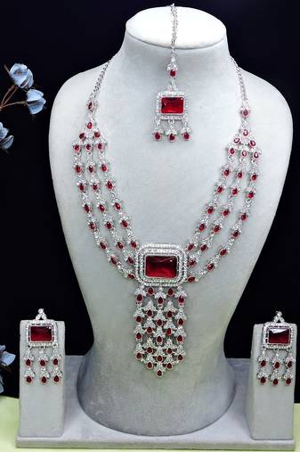 Maroon rhodium premium designer american diamond and stone work necklace set