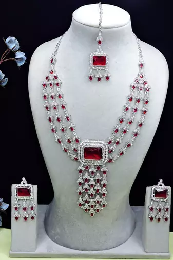 Maroon rhodium premium designer american diamond and stone work necklace set