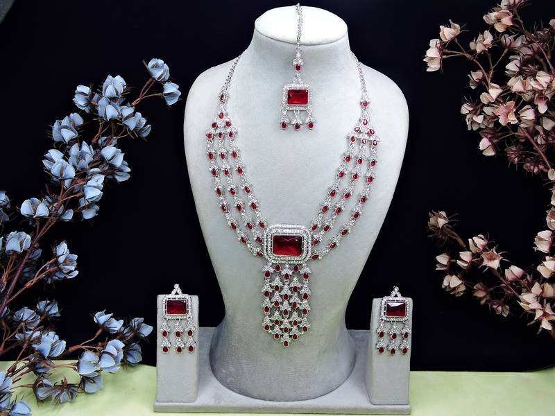 Maroon rhodium premium designer american diamond and stone work necklace set