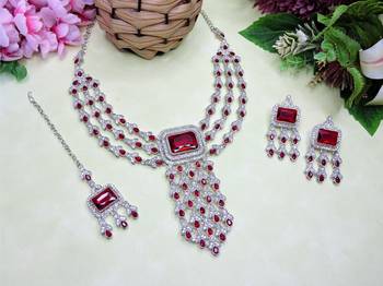 Maroon rhodium premium designer american diamond and stone work necklace set 2