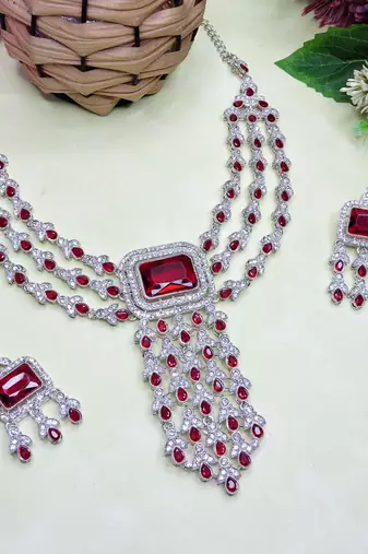 Maroon rhodium premium designer american diamond and stone work necklace set