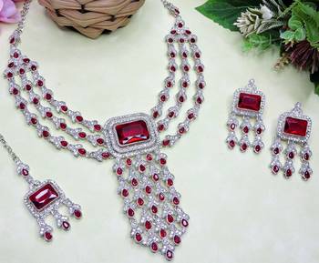 Maroon rhodium premium designer american diamond and stone work necklace set 3