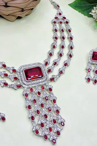 Maroon rhodium premium designer american diamond and stone work necklace set
