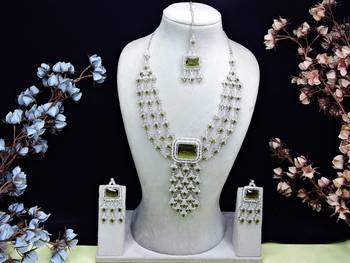Green rhodium premium designer american diamond and stone work necklace set 1