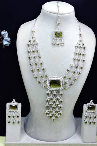 Green rhodium premium designer american diamond and stone work necklace set