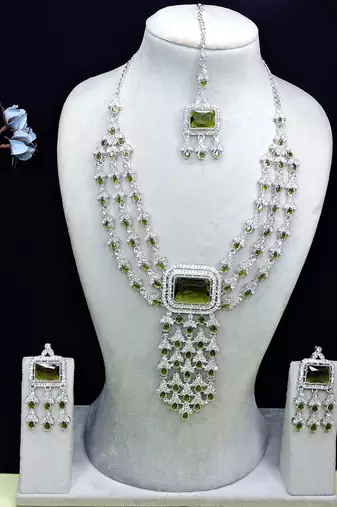 Green rhodium premium designer american diamond and stone work necklace set