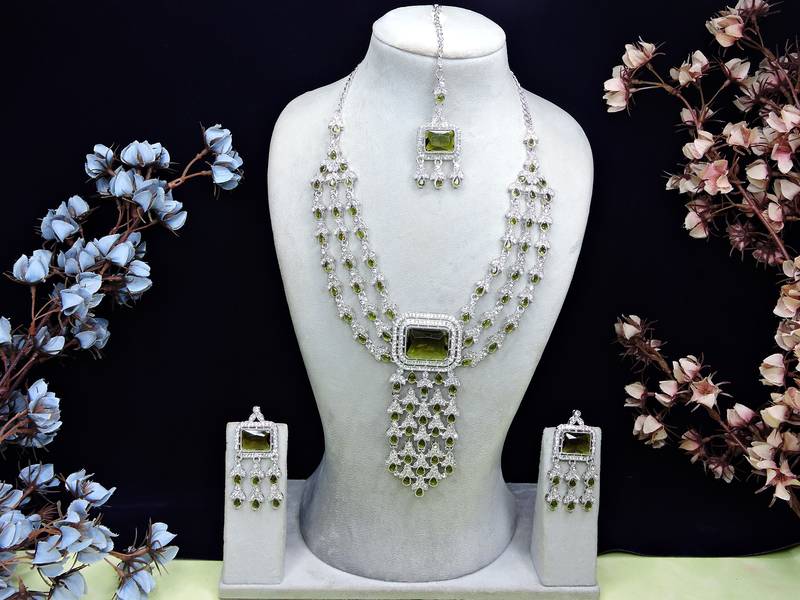 Green rhodium premium designer american diamond and stone work necklace set