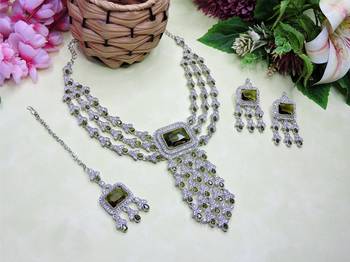 Green rhodium premium designer american diamond and stone work necklace set 2