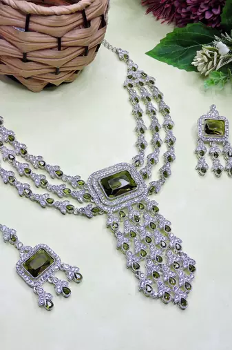 Green rhodium premium designer american diamond and stone work necklace set