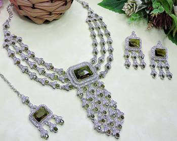 Green rhodium premium designer american diamond and stone work necklace set 3
