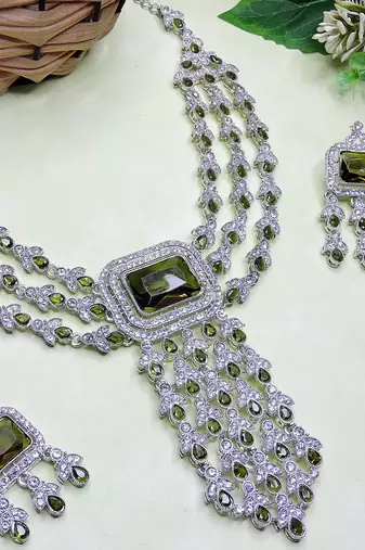 Green rhodium premium designer american diamond and stone work necklace set