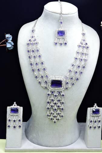 Blue rhodium premium designer american diamond and stone work necklace set