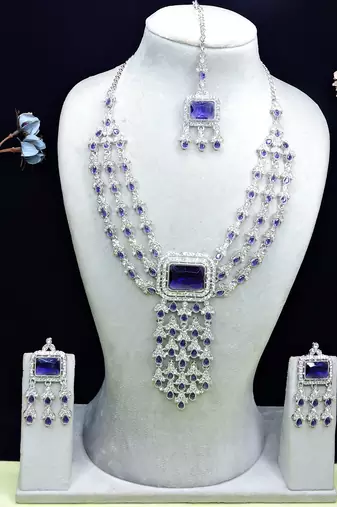 Blue rhodium premium designer american diamond and stone work necklace set