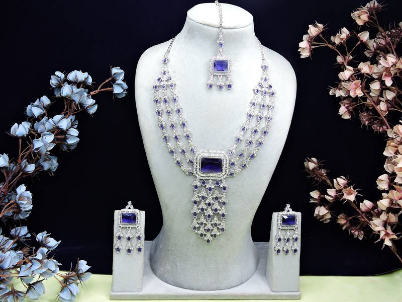 Blue rhodium premium designer american diamond and stone work necklace set