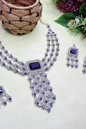 Blue rhodium premium designer american diamond and stone work necklace set