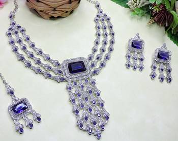 Blue rhodium premium designer american diamond and stone work necklace set 3