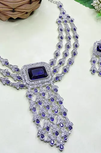 Blue rhodium premium designer american diamond and stone work necklace set