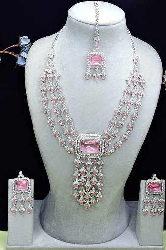 Pink rhodium premium designer american diamond and stone work necklace set
