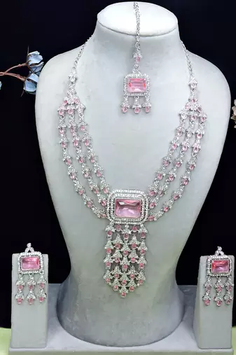 Pink rhodium premium designer american diamond and stone work necklace set