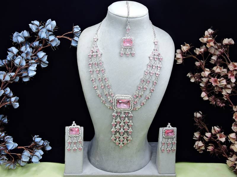 Pink rhodium premium designer american diamond and stone work necklace set