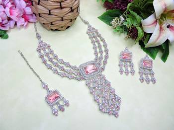 Pink rhodium premium designer american diamond and stone work necklace set 2