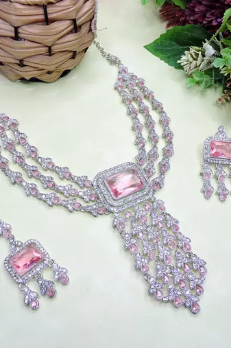 Pink rhodium premium designer american diamond and stone work necklace set