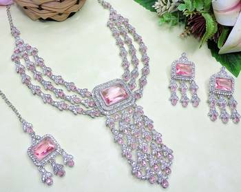 Pink rhodium premium designer american diamond and stone work necklace set 3