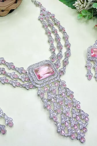 Pink rhodium premium designer american diamond and stone work necklace set